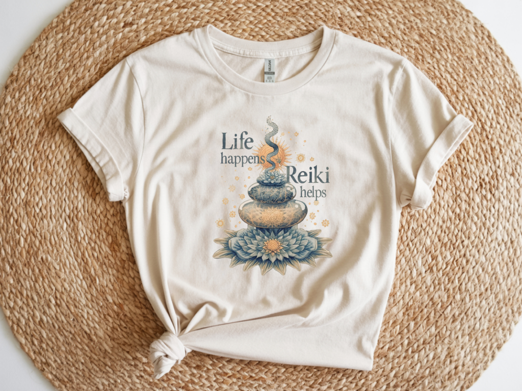 Life happens , reiki helps with stacked stones t-shirt